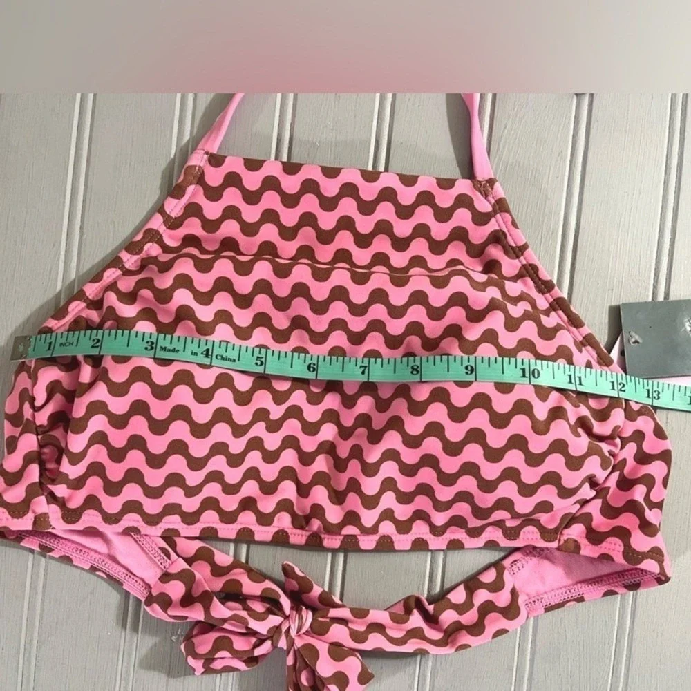 Wild Fable Halter Bikini Swim Top Womens Small Pink Brown Waves Stretchy NWT
